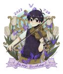  1boy 2022 black_eyes black_hair blush bug butterfly closed_mouth dated flower happy_birthday highres holding holding_instrument instrument looking_at_viewer nagakun_omo omori smile solo sunny_(omori) violin 