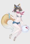  1girl :d absurdres animal_ear_fluff animal_ears ball bangs bare_arms bare_legs bare_shoulders bikini blush bottle breasts brown_eyes brown_hair character_request chinese_commentary collarbone commentary_request copyright_request cutoffs denim denim_shorts echj fang flower fox_ears fox_tail grey_background hair_flower hair_ornament highleg highleg_bikini highres holding holding_bottle large_tail looking_at_viewer medium_breasts navel open_mouth pink_scarf pom_pom_(clothes) ramune sandals scarf short_hair short_shorts shorts simple_background smile solo stomach striped striped_bikini swimsuit tail thighs visor_cap 