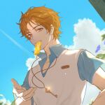  1boy bangs blue_sky brown_eyes brown_hair cloud cloudy_sky food food_in_mouth highres jewelry jiukuzi18797 key looking_at_viewer luke_pearce_(tears_of_themis) necklace outdoors polo_shirt popsicle shirt short_hair short_sleeves sky solo tears_of_themis white_shirt 