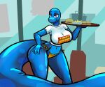  amphibian animate_inanimate anthro astrid_(rubbermage) aygee beverage bikini bikini_bottom burger clothing female food fries inflatable living_inflatable restaurant rubber salamander_(amphibian) shirt solo swimwear t-shirt topwear 