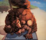  anthro anthro_on_anthro beach canid canine canis domestic_dog duo dust_yang fur jewelry larger_dom larger_male lying_on_another male male/male mammal muscular muscular_male nude re:zero ricardo_welkin seaside size_difference smaller_male tattoo wolf 