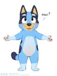  age_difference anthro blue_body bluey_(series) bluey_heeler blush canid canine canis female looking_at_viewer mammal nude simple_background smile smiling_at_viewer solo spread_arms young younger_female zaush 