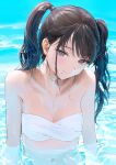  1girl alternate_costume alternate_hairstyle ameyame bandeau bangs bikini black_eyes black_hair breasts closed_mouth collarbone commentary_request highres idolmaster idolmaster_shiny_colors kazano_hiori long_hair looking_at_viewer mole mole_under_mouth navel partially_submerged reflection reflective_water refraction small_breasts smile solo strapless strapless_bikini swimsuit twintails upper_body water_drop white_bikini 