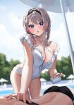  2girls ass bangs bikini black_bikini blue_eyes blurry blurry_background blush braid breasts chigusa_minori commentary_request covered_navel grey_hair hair_ornament highres large_breasts looking_at_viewer lying multiple_girls on_stomach one-piece_swimsuit original outdoors parted_lips saotome_shino_(chigusa_minori) shirayuki_ren skindentation solo_focus swimsuit thighs twin_braids white_swimsuit 