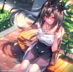  1girl arm_support bag bangs bare_shoulders bench black_skirt blurry blurry_background blush braid breasts brown_bag brown_hair closed_mouth collarbone copyright_name day falling_petals floating_hair from_above hair_between_eyes hanikami_kanojo highres jewelry long_hair looking_at_viewer medium_breasts minazumi_kasane mole mole_on_body necklace outdoors petals piromizu red_eyes shadow shirt sidelocks sitting skirt sleeveless sleeveless_shirt solo two-tone_skirt watermark white_shirt white_skirt wind 