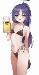  1girl :d alcohol bangs beer beer_mug bikini blue_archive blush breasts cup epi_zero gloves halo highres long_hair looking_at_viewer mug navel open_mouth parted_bangs ponytail purple_eyes purple_hair side-tie_bikini simple_background small_breasts smile solo sweat swimsuit white_background yuuka_(blue_archive) 
