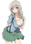  1girl aoshidan_school_uniform arm_behind_back blaze_(artist) blush breasts cleavage girls_und_panzer green_skirt grey_eyes grey_hair highres itsumi_erika large_breasts no_bra pleated_skirt school_uniform skirt solo suspenders white_background 