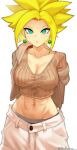  a_big_brother arms_behind_back blonde_hair breasts chestnut_mouth cleavage commission cowboy_shot dragon_ball dragon_ball_super earrings fusion green_eyes groin highres jewelry kefla_(dragon_ball) medium_breasts muscular muscular_female navel off_shoulder potara_earrings saiyan spiked_hair super_saiyan twitter_username white_background 