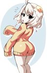  ass egg_(food) egg_(lemyawn) egg_yolk highres looking_at_viewer non-web_source shiny shiny_clothes short_hair sweater 