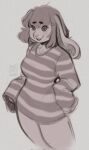  2021 anthro biped bottomless breasts clothed clothing digital_media_(artwork) female floppy_ears hair hi_res lagomorph leporid long_sleeves mammal mellonbun monochrome open_mouth oversized_sleeves pattern_clothing pattern_sweater pattern_topwear portrait rabbit solo standing striped_clothing striped_sweater striped_topwear stripes sweater three-quarter_portrait topwear 