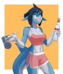  abs alcohol anthro beverage black_hair blue_body bottle bottomwear breasts claws cleavage clothed clothing countershade_body countershading dolphin_shorts facial_markings female fish gills hair head_markings hi_res holding_object long_ears looking_at_viewer marina_(smoothsharb) marine markings navel pink_clothing pupils shark shark_tail sharp_teeth shirt short_hair shorts side_boob simple_background smile smiling_at_viewer smoothsharb solo tank_top teal_eyes teeth topwear vodka white_body white_countershading white_pupils 