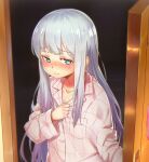  1girl anson_jun blue_eyes blush closed_mouth collarbone cropped eromanga_sensei gradient gradient_hair grey_hair highres indoors izumi_sagiri long_hair looking_at_viewer multicolored_hair opening_door pajamas purple_hair solo wooden_floor 