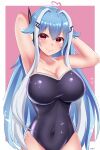  1girl absurdres ahoge amamiya_kure armpits arms_behind_head bangs bemani black_swimsuit blue_hair blush breasts covered_navel hair_between_eyes hair_intakes hair_ornament hairclip highres ichika_(bemani) large_breasts long_hair looking_at_viewer multicolored_hair one-piece_swimsuit pink_hair red_eyes smile solo sparkle streaked_hair swimsuit very_long_hair white_hair 