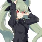  :3 anchovy_(girls_und_panzer) black_bow black_necktie black_shirt blaze_(artist) bow breasts cowboy_shot drill_hair girls_und_panzer hair_bow hands_in_hair highres long_hair long_sleeves looking_at_viewer medium_breasts necktie red_eyes shirt twintails white_background 