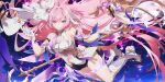  1girl absurdres bare_shoulders black_shorts boots breasts diamond-shaped_pupils diamond_(shape) elysia_(herrscher_of_human:ego) elysia_(honkai_impact) gloves heart highres honkai_(series) honkai_impact_3rd knees large_breasts long_hair looking_at_viewer pink_hair purple_eyes shorts smile solo staff swkl:d symbol-shaped_pupils thigh_strap thighs very_long_hair white_gloves 