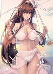  1girl bikini breasts brown_eyes brown_hair cleavage collarbone hair_intakes headgear highres kantai_collection kasumi_(skchkko) large_breasts long_hair looking_at_viewer navel official_alternate_costume oil-paper_umbrella outdoors ponytail propeller sarong smile solo swimsuit umbrella very_long_hair white_bikini yamato_(kancolle) yamato_kai_ni_(kancolle) 