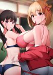  2girls absurdres ass black_hair blonde_hair blue_bra blue_panties blurry blurry_background bra breasts closed_mouth commentary_request dress highres indoors inoue_takina large_breasts long_hair long_sleeves looking_at_viewer lycoris_recoil mouth_hold multiple_girls nishikigi_chisato panties purple_eyes red_bra red_eyes revision sezok short_hair twintails underwear 
