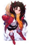  1girl bangs black_hair breasts echo_(circa) fate/grand_order fate_(series) horns ishtar_(fate) long_hair looking_at_viewer medium_breasts multicolored_hair open_mouth parted_bangs red_eyes red_hair solo space_ishtar_(fate) two-tone_hair two_side_up 
