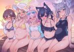  5girls ahoge anger_vein angry animal_ear_fluff animal_ears ayane_(blue_archive) ayane_(swimsuit)_(blue_archive) bangs beach bikini bikini_top_only black_hair black_swimsuit blue-tinted_eyewear blue_archive blue_eyes blue_jacket blush breasts cat_ears closed_eyes commentary_request competition_swimsuit covered_navel cross_hair_ornament ear_blush embarrassed evening expressionless extra_ears eyewear_on_head facing_viewer flower flying_sweatdrops frilled_bikini frills front-tie_top green_eyes hair_ornament halo hat hat_flower hat_ribbon head_tilt hoshino_(blue_archive) hoshino_(swimsuit)_(blue_archive) jacket large_breasts leaning_forward light_brown_hair long_hair looking_at_viewer medium_breasts midriff mimonel mismatched_pupils multiple_girls nonomi_(blue_archive) nonomi_(swimsuit)_(blue_archive) ocean off-shoulder_bikini off_shoulder official_alternate_costume one-piece_swimsuit outdoors pink_hair pointy_ears pregnant red-framed_eyewear ribbon serika_(blue_archive) serika_(swimsuit)_(blue_archive) shiroko_(blue_archive) shiroko_(swimsuit)_(blue_archive) short_hair short_shorts shorts side-tie_bikini sitting striped striped_bikini sun_hat swept_bangs swimsuit tinted_eyewear twintails two-tone_swimsuit white_bikini white_headwear white_jacket wolf_ears yellow_bikini 