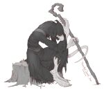  ambiguous_gender anthro black_clothing black_robe clothing hunched_over kredri large_feet lizard reptile robe scalie sitting solo staff tree_stump 