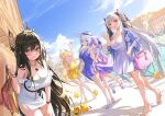  5girls :d arm_up azur_lane bag bangle bare_shoulders bird black_hair blonde_hair blue_dress blue_eyes bow bracelet breasts chick cleavage day dress formidable_(azur_lane) green_eyes hair_bow hair_ornament hand_on_own_thigh hand_up hat high_heels highres holding illustrious_(azur_lane) indomitable_(azur_lane) jacket jewelry large_breasts laurel_crown leaning_forward long_hair long_sleeves looking_at_viewer low_twintails manjuu_(azur_lane) multiple_girls necklace off-shoulder_dress off_shoulder open_clothes open_jacket open_mouth outdoors pdxen purple_dress purple_hair purple_jacket red_eyes shopping_bag short_dress shoulder_bag side_slit sleeveless sleeveless_dress smile standing sun_hat sundress thighs twintails unicorn_(azur_lane) very_long_hair victorious_(azur_lane) watch white_dress white_hair wristwatch yellow_dress 