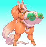  anthro areola big_breasts blue_background breasts clothed clothing dulce_(mr.pink) female fur hi_res huge_breasts hyper hyper_breasts lagomorph leporid linked_nipples mammal mr.pink nipple_piercing nipples orange_body orange_fur overweight overweight_female piercing rabbit simple_background smile solo thick_thighs topless 