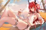  1girl arknights armpits bangs bare_shoulders bikini black_nails bow bowtie breasts cherry cleavage demon_horns detached_sleeves food frilled_bikini frills fruit hair_ornament halterneck hammock holding holding_food horns long_hair looking_at_viewer medium_breasts ocean purple_eyes red_hair ribbon ru_zhai sky solo star_(symbol) star_hair_ornament surtr_(arknights) swimsuit thigh_strap thighs very_long_hair 