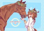  1girl agnes_tachyon_(racehorse) agnes_tachyon_(umamusume) ahoge animal_ears apple bangs blue_background bridle brown_hair creature_and_personification fangs feeding food fruit hair_between_eyes happy_birthday head_wreath highres horse horse_ears horse_girl horse_tail huge_ahoge labcoat long_sleeves medium_hair messy_hair red_eyes sleeves_past_fingers sleeves_past_wrists sweater tail test_tube torasigure umamusume yellow_sweater zipper 