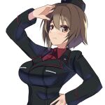  1girl black_jacket blaze_(artist) blush breasts cowboy_shot garrison_cap girls_und_panzer hand_in_own_hair hand_on_hip hat highres jacket kuromorimine_military_uniform large_breasts looking_at_viewer medium_hair nishizumi_maho red_shirt salute shirt solo white_background 