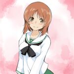  1girl black_neckerchief blaze_(artist) blush brown_eyes brown_hair girls_und_panzer green_skirt looking_at_viewer medium_hair neckerchief nishizumi_miho ooarai_school_uniform pink_background sailor_collar school_uniform serafuku skirt smile solo white_sailor_collar 