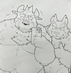  2022 anthro belly big_belly blush bovid bovine canid canine cattle cellphone duo eyes_closed hi_res humanoid_hands kemono male mammal moobs navel nipples overweight overweight_male phone sketch smartphone suishou0602 
