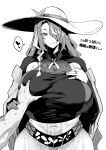  1boy 1girl absurdres braid breast_grab breasts collared_shirt grabbing hair_over_one_eye hat highres huge_breasts jewelry largamente_(monster_strike) long_hair midriff mole mole_under_mouth monochrome monster_strike navel out_of_frame ring s_ryouchi shirt single_braid smile 