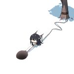  1girl akaoni_(zumt3548) azur_lane black_hair blush breasts chibi closed_eyes dress hair_ornament highres hole horns indomitable_(azur_lane) pulling rope shadow simple_background smile solo tree white_background white_dress 