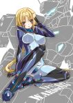  1girl absurdres bangs blonde_hair blush breasts cameltoe commission covered_nipples ellen_aice fortified_suit heyzan highres long_hair low_ponytail mecha medium_breasts muvluv muvluv_alternative muvluv_unlimited:_the_day_after open_mouth parted_bangs pilot_suit purple_eyes robot sitting skeb_commission skin_tight smile solo tactical_surface_fighter type_94_shiranui v very_long_hair 