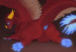  anus balls blue_eyes dirtyfox911911 dragon genitals glowing glowing_anus glowing_eyes glowing_pawpads horn male pawpads red_body simple_background solo wings 