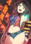  1girl belt breasts brown_eyes brown_hair cleavage earrings highres jewelry kowloon&#039;s_gate looking_at_viewer multiple_boys navel open_mouth shiba_hajime short_hair short_shorts shorts smile xiaohei 