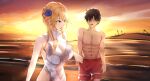  1boy 1girl abs absurdres artoria_pendragon_(fate) artoria_pendragon_(lancer)_(fate) bangs bare_shoulders blonde_hair braid breasts brown_hair cleavage collarbone commentary commission fate/grand_order fate_(series) feet_out_of_frame flower green_eyes hair_between_eyes hair_flower hair_ornament hand_grab highres jewelry large_breasts long_hair looking_at_another misa_pika necklace open_mouth palm_tree parted_lips pixiv_request red_shorts sand short_hair shorts standing swimsuit tree white_swimsuit 