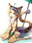  2022 4_toes anthro barefoot bikini blush breasts claws clothed clothing cute_fangs eyewear feet felid female female_anthro food food_in_mouth fur goggles green_eyes hair hi_res kemono mammal mia_(world_flipper) multicolored_body multicolored_fur multicolored_hair multicolored_tail pantherine pawpads paws popsicle solo swimwear tiger toe_claws toes world_flipper yimoon640 