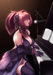  1girl absurdres bangs bare_shoulders breasts cleavage collarbone dress fate/grand_order fate_(series) highres instrument large_breasts long_hair microphone music note open_mouth piano ponytail purple_hair red_eyes revision saboten_teishoku scathach_(blossoming_under_the_crimson_sky)_(fate) scathach_(fate) singing solo thighhighs thighs 