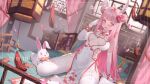  1girl architecture bed china_dress chinese_clothes dress east_asian_architecture elbow_gloves gloves highres long_hair original pink_eyes pink_hair rabbit_girl sitting ten-u v-shaped_eyebrows virtual_youtuber wariza 