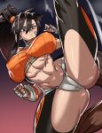  1girl abs ass bandaid bandaid_on_face bangs breasts brown_eyes brown_hair dnf_duel dungeon_and_fighter fighter_(dungeon_and_fighter) fingerless_gloves gloves highres large_breasts leg_up long_hair midriff navel ponytail scar solo sorysam2005 very_long_hair 