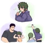  1girl 2boys bear biceps black_eyes black_hair cat double_biceps_pose facial_hair fang father_and_son flexing green_eyes green_hair highres hood hoodie if_they_mated igarashi_futaba_(shiromanta) large_pectorals mature_male medium_hair mother_and_son multiple_boys muscular muscular_male panqlao pectorals ponytail pose senpai_ga_uzai_kouhai_no_hanashi shirt short_hair sidelocks spanish_commentary stubble takeda_harumi_(shiromanta) thick_eyebrows 