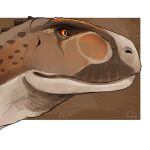  1:1 ambiguous_gender brown_body brown_scales dinosaur glistening glistening_eyes headshot_portrait imperatorcaesar mouth_closed neck_spikes orange_body orange_scales orange_sclera portrait reptile scales scalie signature simple_background solo white_body white_scales yellow_eyes 