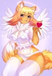  &lt;3 anthro artist_name bangs biped black_nose blowing_kiss blue_eyes blush breasts cleavage clothed clothing digital_media_(artwork) eyebrow_through_hair eyebrows female fur hair hi_res inner_ear_fluff legwear mammal navel neck_tuft open_mouth orange_body orange_fur orange_hair panties purple_background shaded simple_background solo tealsick thigh_highs topwear translucent translucent_hair tuft underwear white_clothing white_inner_ear_fluff white_legwear white_panties white_tail_tip white_thigh_highs white_topwear white_underwear wings 