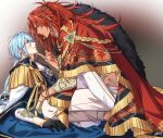  2boys absurdres aiguillette black_gloves blue_eyes blue_hair bodypaint bracelet brown_eyes dante_(nu_carnival) dark-skinned_male dark_skin earrings edmond_(nu_carnival) epaulettes fur_trim gloves hand_on_another's_chin highres jewelry knight korean_commentary long_hair long_sleeves low_ponytail male_focus multiple_boys multiple_rings nu_carnival red_hair ring triangle_earrings yaoi zehel_az 