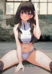  1girl arm_up bangs bare_shoulders black_hair blush breasts brown_hair buruma collarbone dripping hand_on_floor hand_up highres inoue_takina long_hair looking_at_viewer lycoris_recoil medium_breasts midriff navel non-web_source on_floor open_mouth purple_hair revision sitting solar_(happymonk) solo split sports_bra sportswear spread_legs stomach sweat thighs underwear wet wet_hair 