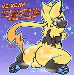  &diams; &lt;3 absurd_res anthro anus backsack balls balls_on_floor black_body black_legs black_nose black_paws blue_eyes blue_pawpads blush butt dialogue fur genitals hi_res justiceposting legendary_pok&eacute;mon male nintendo on_ground onomatopoeia open_mouth open_smile pawpads perineum pok&eacute;mon pok&eacute;mon_(species) presenting presenting_hindquarters smile solo sound_effects suit_symbol teasing text video_games yellow_body yellow_ears yellow_fur zeraora 