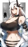  1girl 1other arknights breasts closed_mouth doctor_(arknights) elite_ii_(arknights) gin_moku gloves hair_ornament hairclip highres horns large_breasts long_hair looking_at_viewer mudrock_(arknights) navel red_eyes steam swimsuit upper_body white_hair 