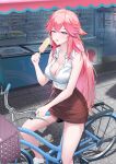  1girl bangs bare_arms bare_shoulders bicycle breasts brown_skirt cleavage collared_shirt food genshin_impact ground_vehicle hair_ornament highres large_breasts long_hair outdoors parted_lips pink_hair popsicle purple_eyes riding riding_bicycle sherlock5230 shirt shirt_tucked_in short_sleeves skirt sleeveless sleeveless_shirt solo thighs white_shirt yae_miko 