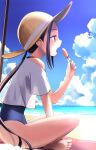  1girl beach black_hair day food hat highres holding holding_food ice_cream indian_style long_hair n2midori ocean off_shoulder one-piece_swimsuit oogaki_chiaki open_mouth outdoors popsicle profile sitting sky solo straw_hat sweat swimsuit twintails yurucamp 